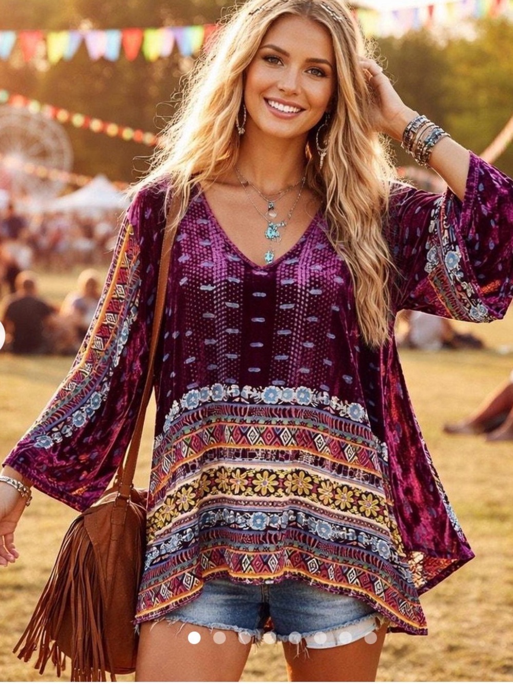 Johnny Was Purple Velvet Boho V-Neck Tunic with Multicolor Border